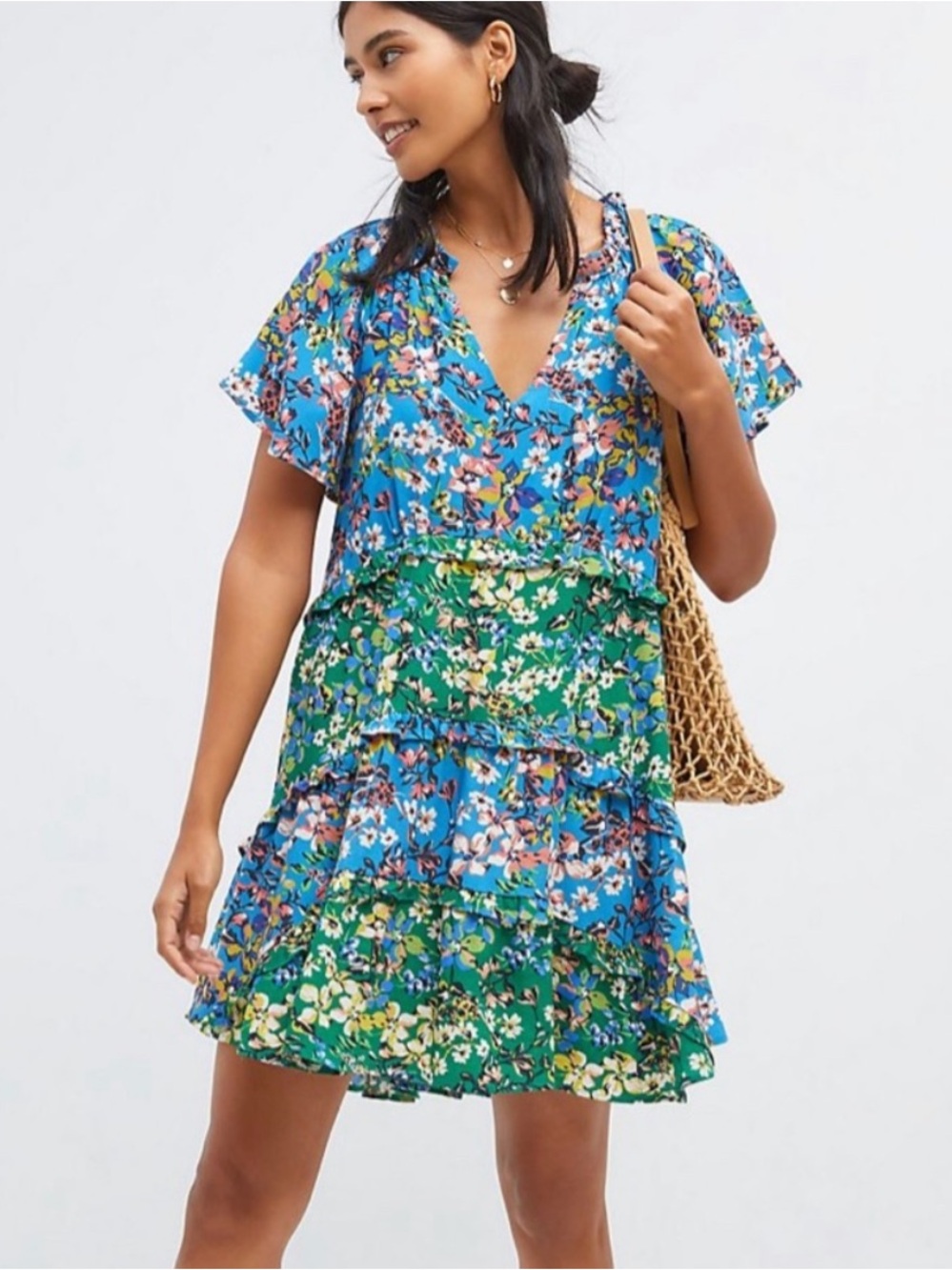 Anthropologie Blue and Green Floral Tiered Mini Dress